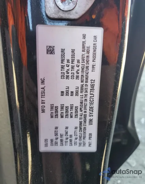 2020 Tesla Model 3 from USA, damaged, VIN 5YJ3E1EC7LF784612